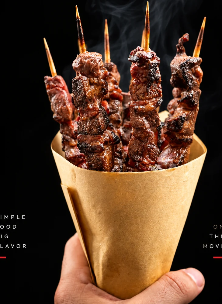 FUMO creative artwork of charcoal-grilled Italian skewers served in a paper cone